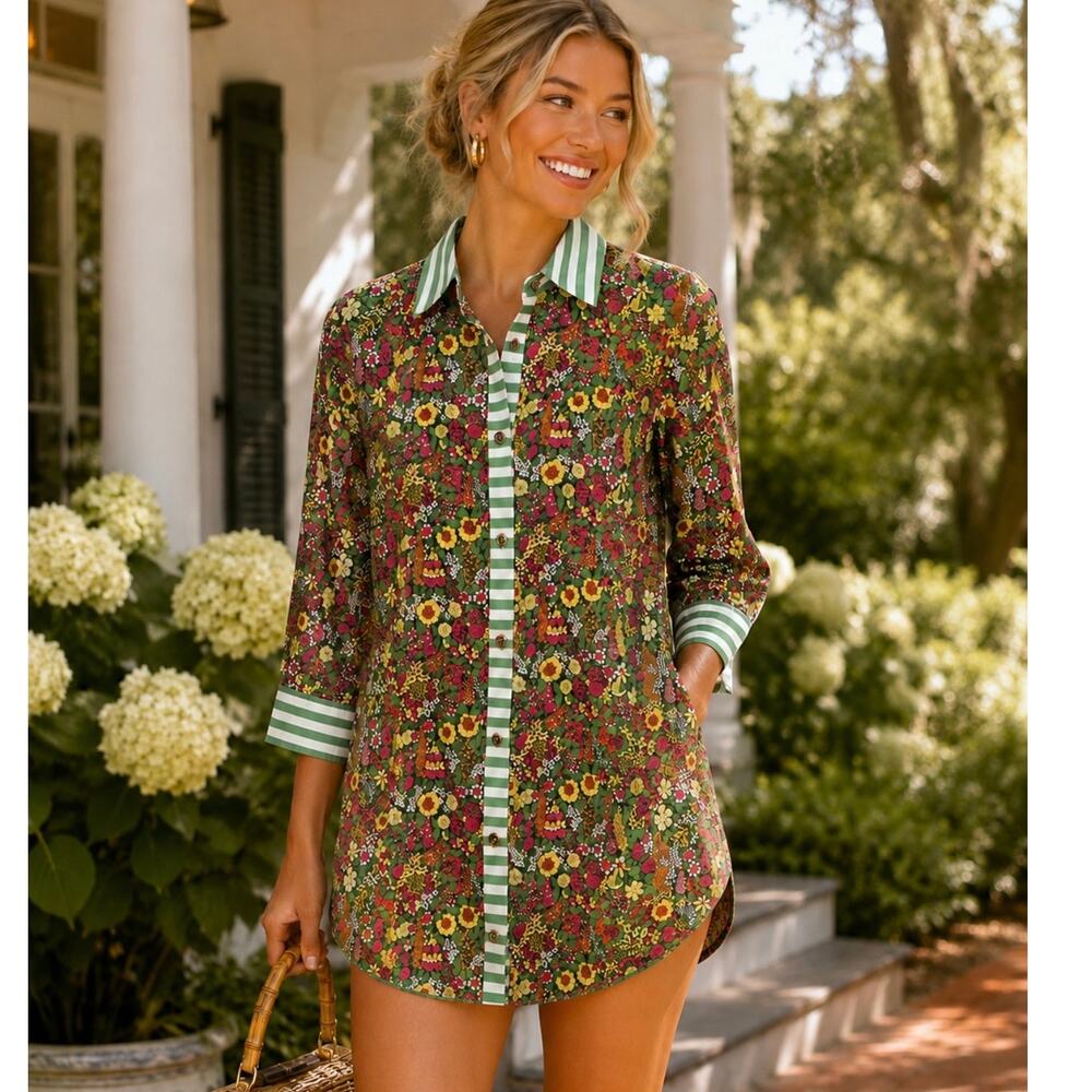 Buru Floral Long Sleeve Button Up Mini Shirtdress Multicolor Size XS